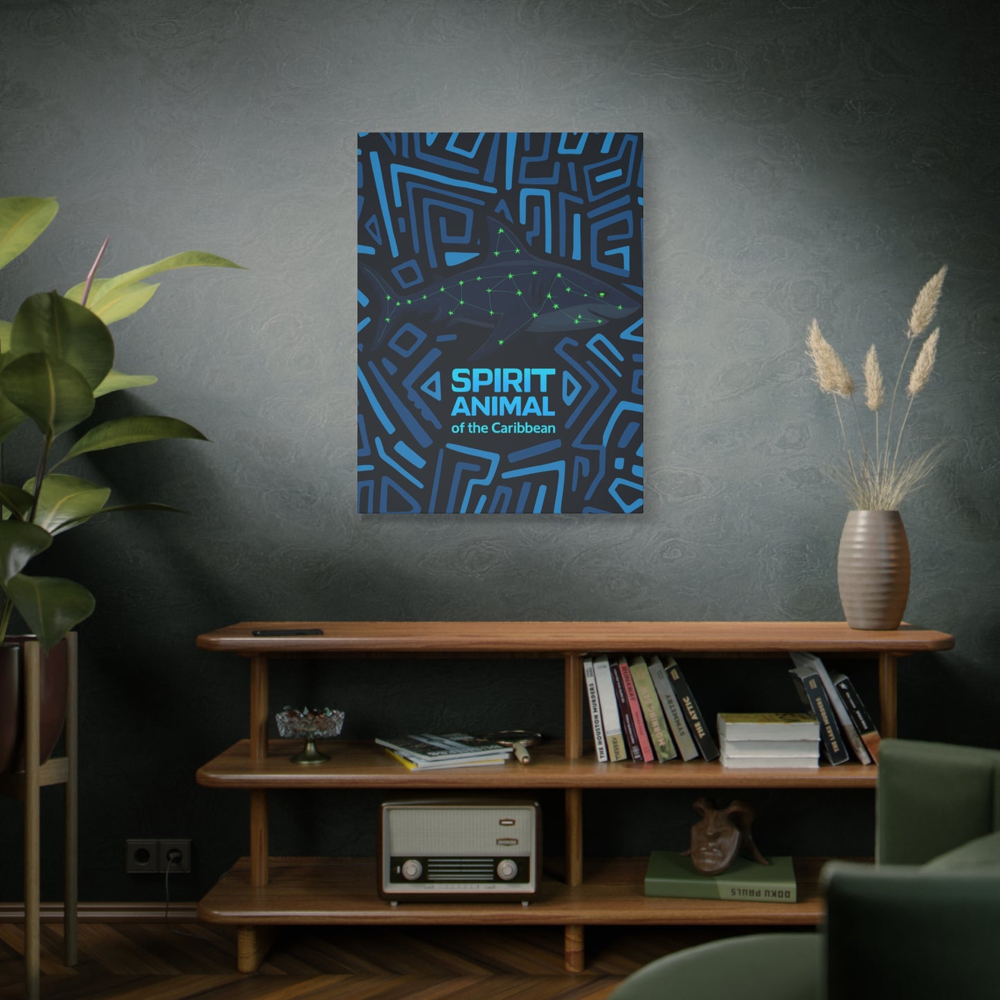 Pop Shark Spirit Guardian Canvas Print, Bohemian Home Decor, Artistic Wall Art, Unique Gift, Festival Decoration