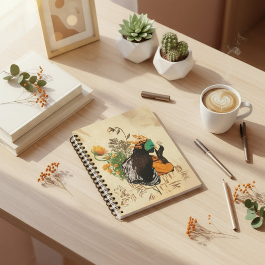 Notebook with a spiral binding featuring an illustration of a person with flowers on their head against a beige background.