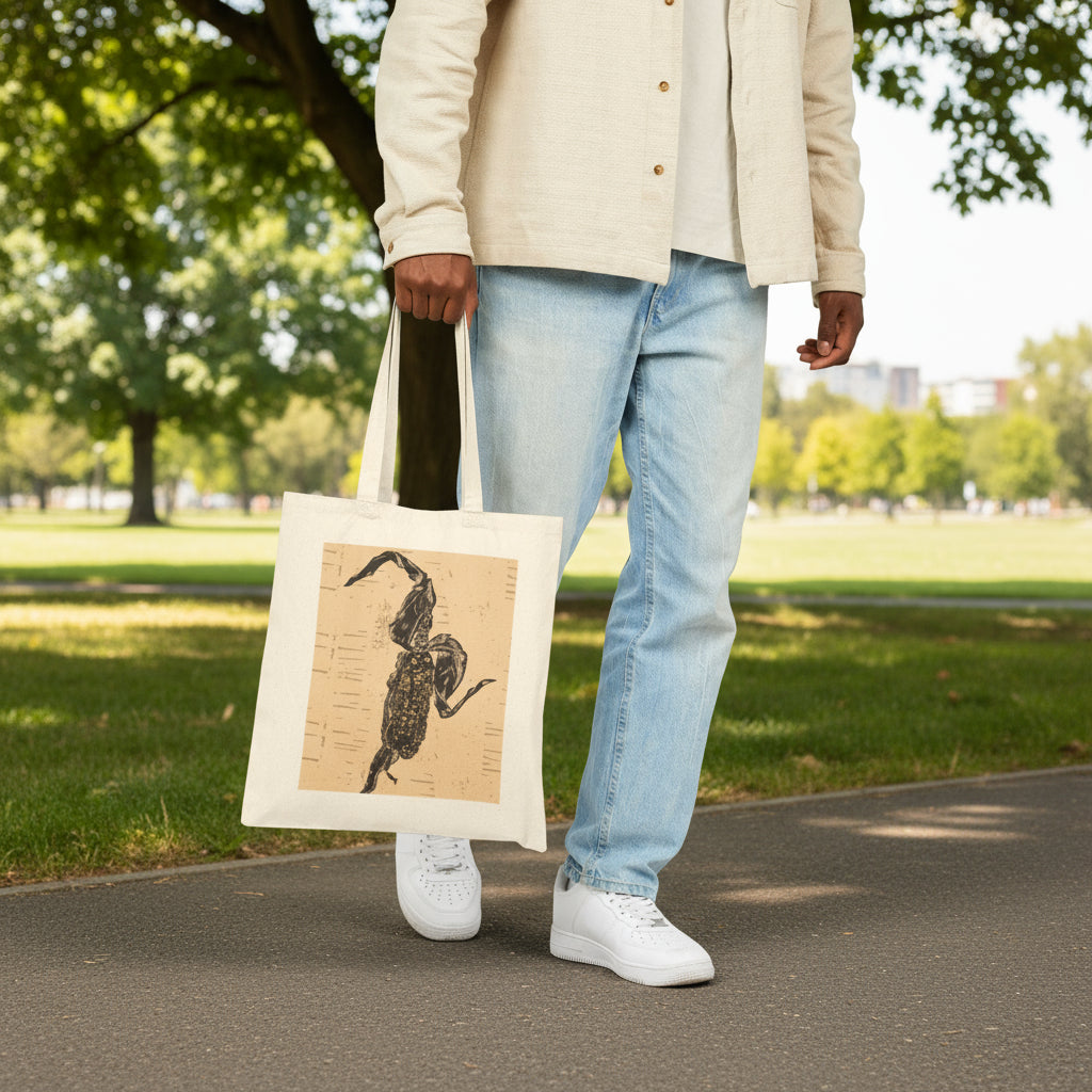 Person holding a tote bag with Golden corn design on a white background